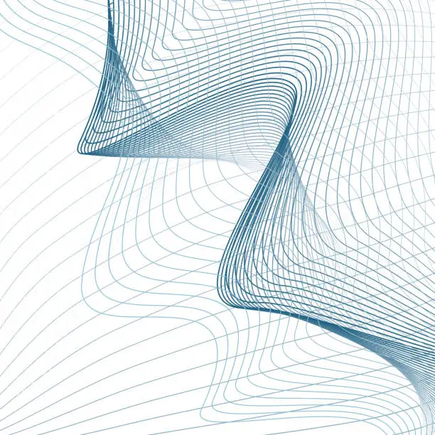 Vector illustration of Blue ripple net pattern on white background. Abstract futuristic squiggle subtle waving lines. Line art modern sci-tech design, rhythmic technology grid. Vector scientific, tech template. EPS10 illustration