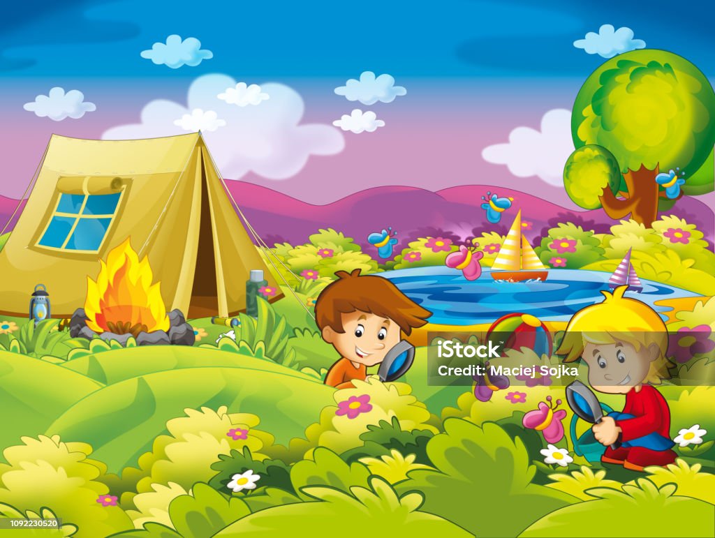 Cartoon Autumn Nature Background Near The Lake In The Mountains Kids Having  Camping With Space For Text Stock Illustration - Download Image Now - iStock