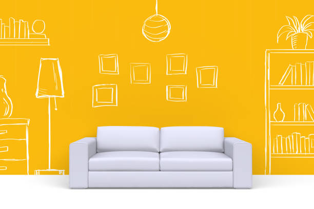 istock White sofa in room with hand drawn painted on yellow wall picture frames, bookcase, lamp, cupboard, shelves, books, vase. Front view. 3D render. 1092230566