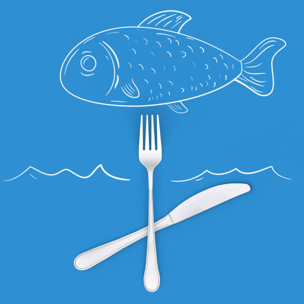 White siver or metal fork with hand drawn painted doodle fish. Above view. 3D render.