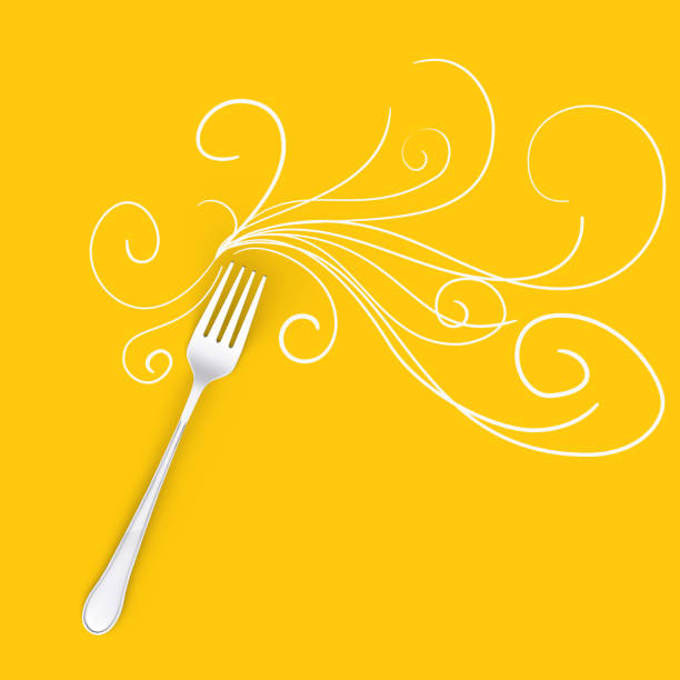 istock White siver or metal fork with hand drawn painted doodle spaghetti. Above view. 3D render. 1092230608