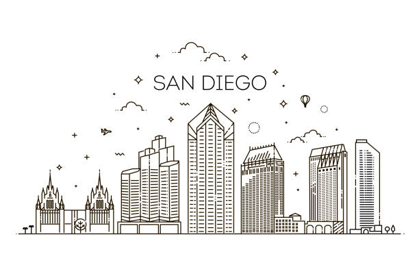 Linear San Diego city skyline vector background San Diego California city skyline vector background. Flat vector illustration. Vector san diego stock illustrations
