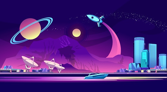 Vector horizontal illustration. Scientific space base on the background of mountains, another planet, Saturn is seen in the sky, space Shuttle takes off