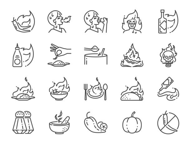 würzige linie-icon-set. enthalten die symbole als tom yum kung, chili, pfeffer, gewürze, aroma, ghost heißen und vieles mehr. - symbol vegetable food computer icon stock-grafiken, -clipart, -cartoons und -symbole