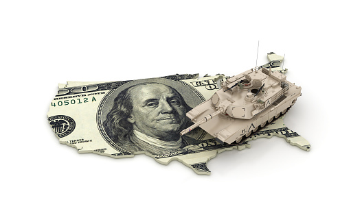 USA Map with Dollar Bill and Armored Tank - White Background - 3D Rendering
