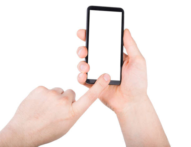istock A hand touching black phone mobile screen isolated on white background 1092248320