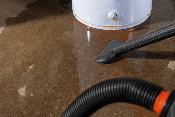 vacuuming up water from a leaking residential domestic water heater - water damaged stained concrete imagens e fotografias de stock