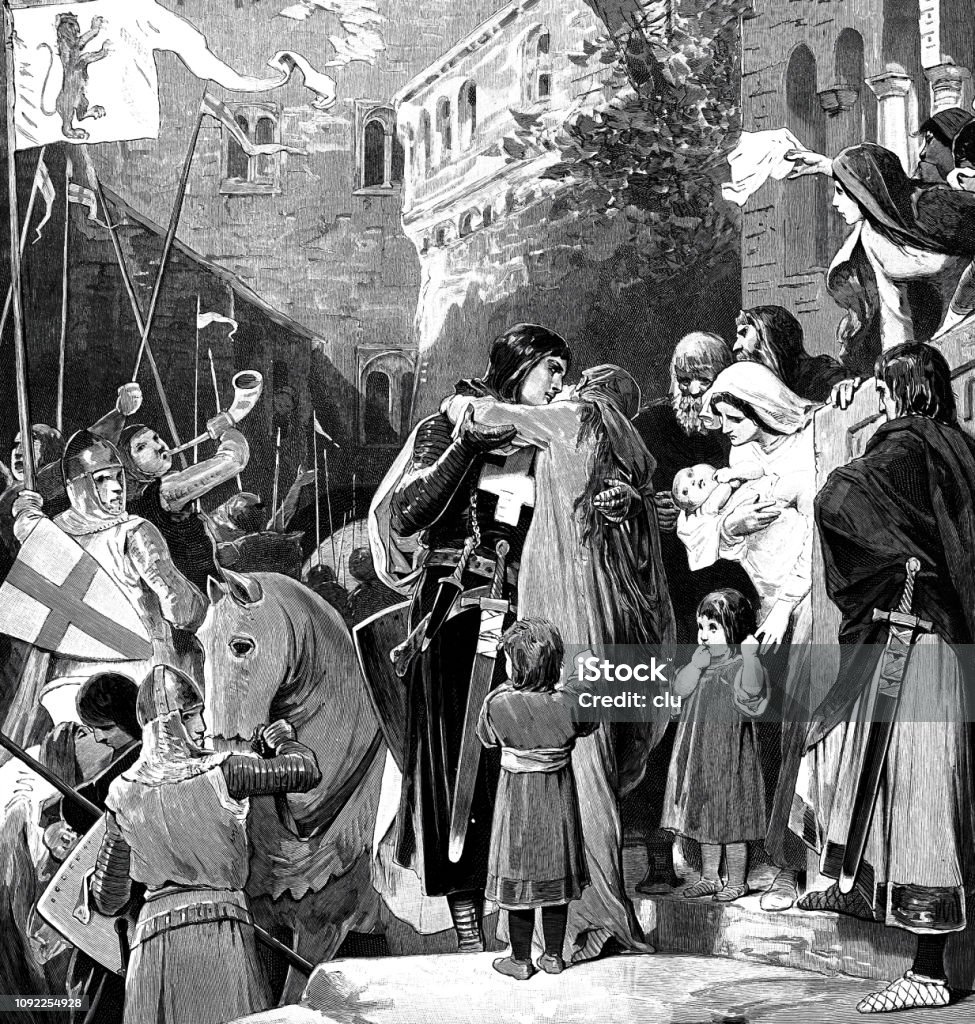 Farewell to Elisabeth of Thuringia from her husband at his departure for the crusade Illustration from 19th century King - Royal Person stock illustration