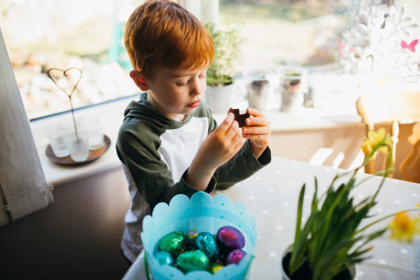 маленький мальчик ест шоколадное пасхальное яйцо - daffodil easter egg hunt easter easter egg стоковые фото и изображения