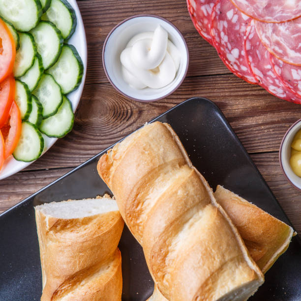 Ingredients for sandwich with sausage