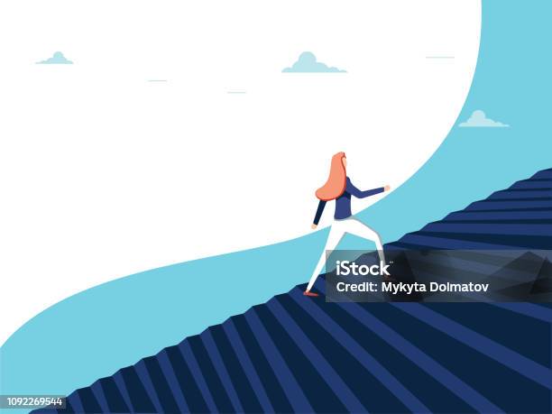 Buisnesswoman Climbing Career Steps Vector Concept Symbol Of Ambition Motivation Success In Career Promotion Stock Illustration - Download Image Now