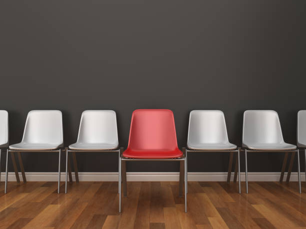 istock Row of Chairs on Wood Floor One Red - 3D Rendering 1092270788