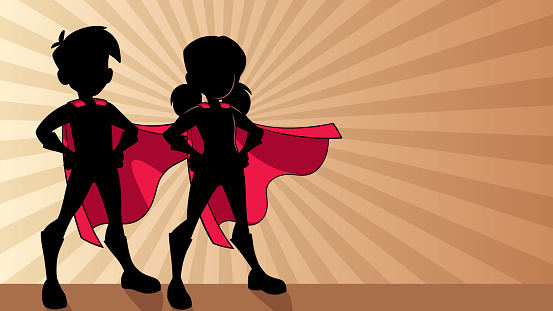 Silhouette illustration of super children wearing capes against ray light background for copy space.