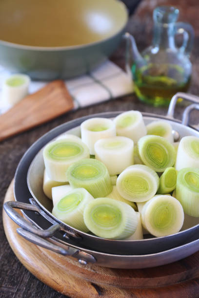 Cooking roast Leek: raw chopped leek, olive oil and frying pan. Rustic style