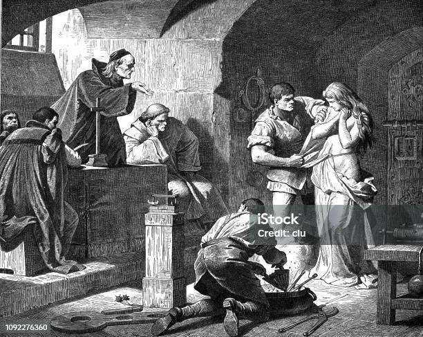 Interrogation Of A Witch By Priests Stock Illustration - Download Image Now - Witch, Torture, Archival