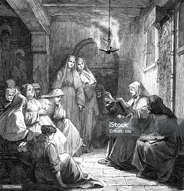 Nun Roswitha Reads Out Her Legends Stock Illustration - Download Image Now - 19th Century, 2019, Adult