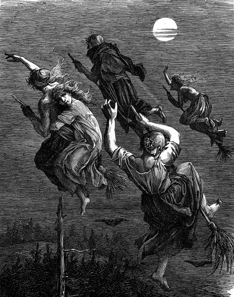 Witches ride Illustration from 19th century witch stock illustrations