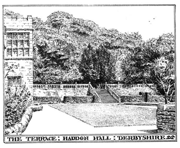 viktorianische schwarz-weiß dekorative gravierung auf der terrasse bei haddon hall derbyshire in rahmen komplett mit text eingeschlossen; 19. jahrhundert großen häusern und parks; englisch mit abbildungen von 1892 - ummauerter garten stock-grafiken, -clipart, -cartoons und -symbole