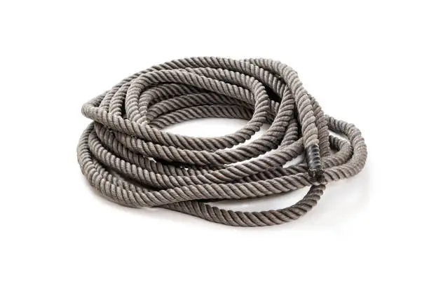 Heavy rope for fitness training on white background