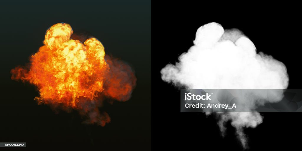 Large explosion with black smoke in dark plus alpha channel. 3d rendering Large explosion with black smoke in dark with alpha channel. 3d rendering Accidents and Disasters Stock Photo