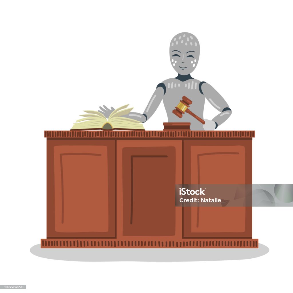 Robot judge with gavel and book Robot judge with gavel and book on white background. Futuristic concept. Judge - Law stock vector