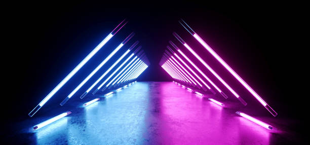 istock Neon Glowing Triangle Shaped Sci Fi Futuristic Modern Elegant Ultraviolet Stage Long Tunnel Road With Purple Blue Lights Empty Space On Grunge Reflective Concrete 3D Rendering 1092289886