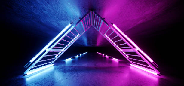 istock Futuristic Sci Fi Retro Modern Alien Dark Empty Grunge Concrete Room With Neon Glowing Purple Blue Triangle Shaped Metal Structures Lighted Road 3D Rendering 1092289920
