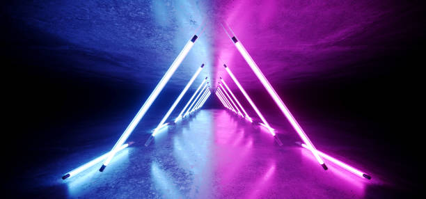 istock Neon Glowing Triangle Shaped Sci Fi Futuristic Modern Elegant Ultraviolet Stage Long Tunnel Road With Purple Blue Lights Empty Space On Grunge Reflective Concrete 3D Rendering 1092289938