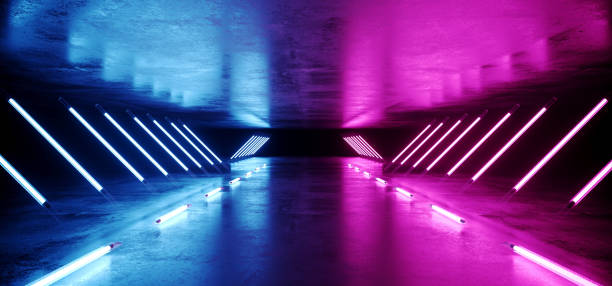 istock Neon Glowing Triangle Shaped Sci Fi Futuristic Modern Elegant Ultraviolet Stage Long Tunnel Road With Purple Blue Lights Empty Space On Grunge Reflective Concrete 3D Rendering 1092290220