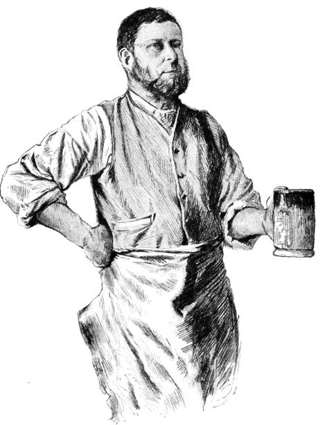 illustrations, cliparts, dessins animés et icônes de victorien gravure noir et blanc d’un forgeron dans ses vêtements de travail et un tablier avec une chope de pinte à la main ; portraits du xixe siècle de travail folk par couldery j w ; anglais illustré 1892 - 19th