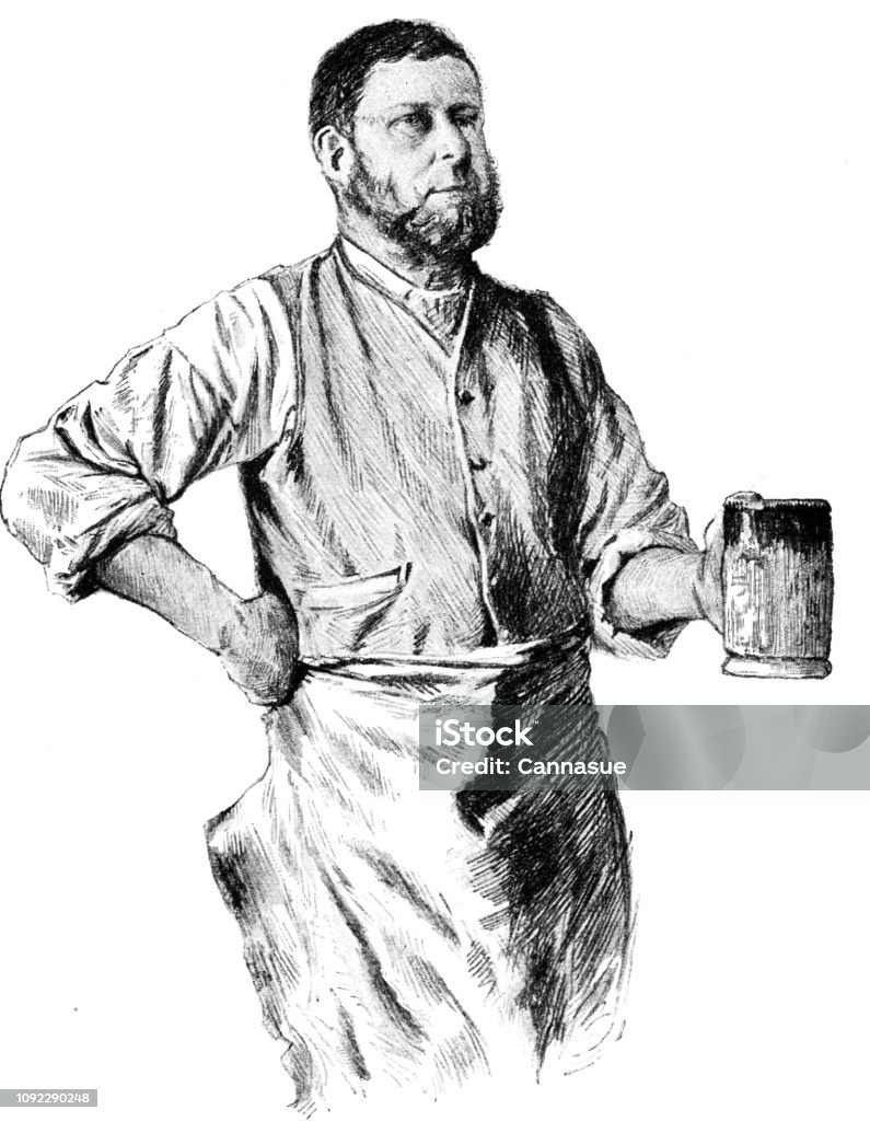 Victorian black and white engraving of a blacksmith in his work clothes and apron with a pint tankard in his hand; 19th century portraits of working folk by J W Couldery; English Illustrated 1892 Taken from the the English Illustrated Magazine 1892 Beer - Alcohol stock illustration
