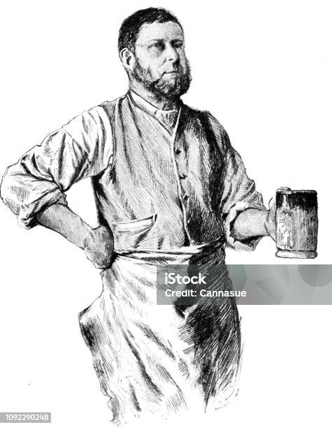 Victorian Black And White Engraving Of A Blacksmith In His Work Clothes And Apron With A Pint Tankard In His Hand 19th Century Portraits Of Working Folk By J W Couldery English Illustrated 1892 Stock Illustration - Download Image Now