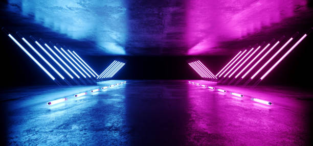 istock Neon Glowing Triangle Shaped Sci Fi Futuristic Modern Elegant Ultraviolet Stage Long Tunnel Road With Purple Blue Lights Empty Space On Grunge Reflective Concrete 3D Rendering 1092290304