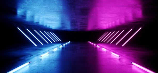 istock Neon Glowing Triangle Shaped Sci Fi Futuristic Modern Elegant Ultraviolet Stage Long Tunnel Road With Purple Blue Lights Empty Space On Grunge Reflective Concrete 3D Rendering 1092290330
