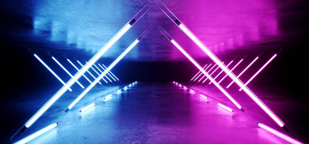 istock Neon Glowing Triangle Shaped Sci Fi Futuristic Modern Elegant Ultraviolet Stage Long Tunnel Road With Purple Blue Lights Empty Space On Grunge Reflective Concrete 3D Rendering 1092290344