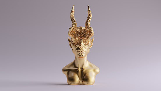 Gold Antique Horned Demon Queen Statue Bust 3d illustration 3d render