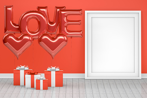 3d rendering of Shiny love and heart balloons with gift boxes in empty room. Valentine's day,  Party concept.