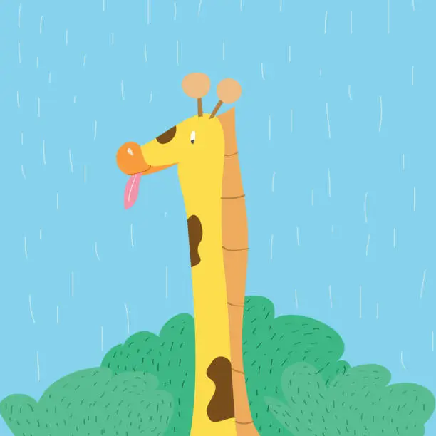 Vector illustration of Cartoon character, giraffe portrait with tounge on sky background.