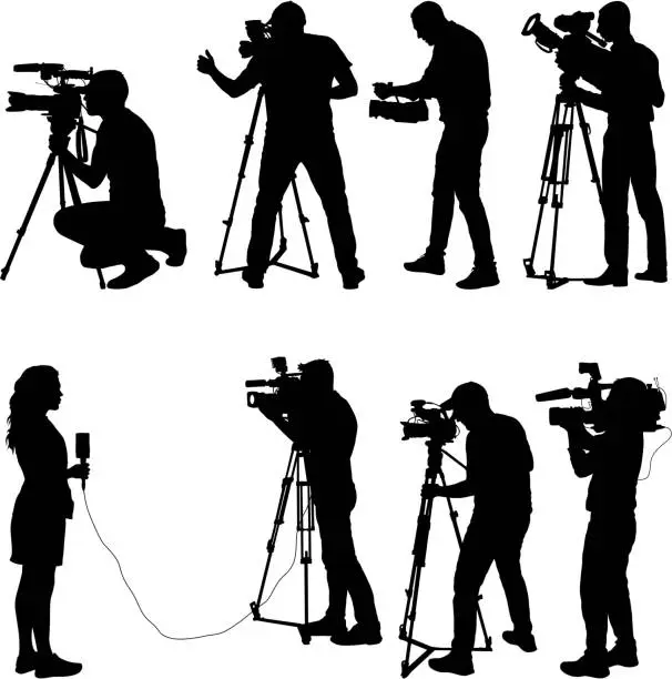 Vector illustration of Set cameraman with video camera. Silhouettes on white background