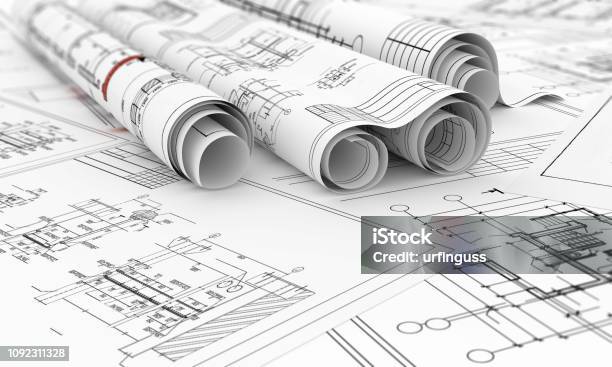 Construction Blueprints In Roll Isolated 3d Illustration Stock Photo - Download Image Now