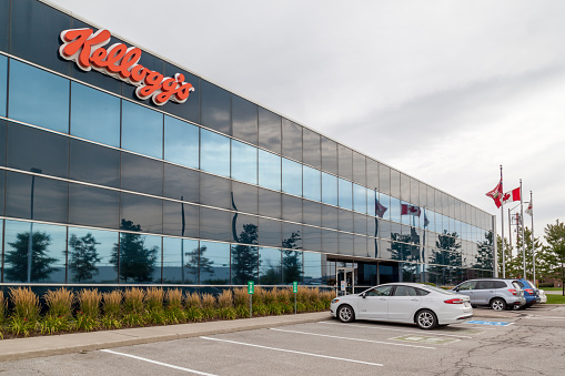 Mississauga, Ontario, Canada- August 25, 2018: Kellogg's Canada head office building in Mississauga, an American multinational food-manufacturing company produces cereal and convenience foods.