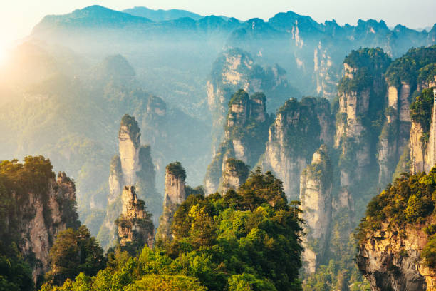 montes de parque de forestal nacional de zhangjiajie, china - formación karst fotografías e imágenes de stock