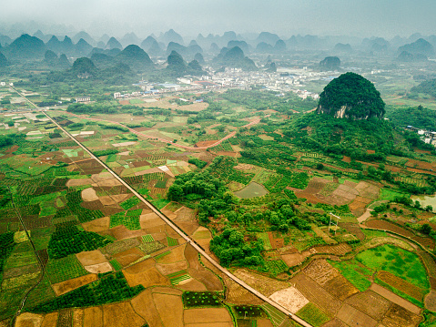 Aerial view of rice fields scenery karst landscape of Guilin, China