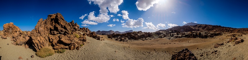 Panoramic Image, Lunar landscape, nearby Mirador Minas de San José, Las Cañadas caldera, Teide National Park (Parque nacional del Teide), Tenerife, Canary Islands, Spain.