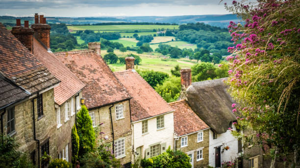 Old cobbled street in Shaftesbury, UK with flowers Old English limestone houses with thatched roofs with green fields countryside in the background. Gold Hill houses on a cloudy day behind flowers in Shaftesbury, Dorset, UK. Photo with selective focus shaftesbury england stock pictures, royalty-free photos & images