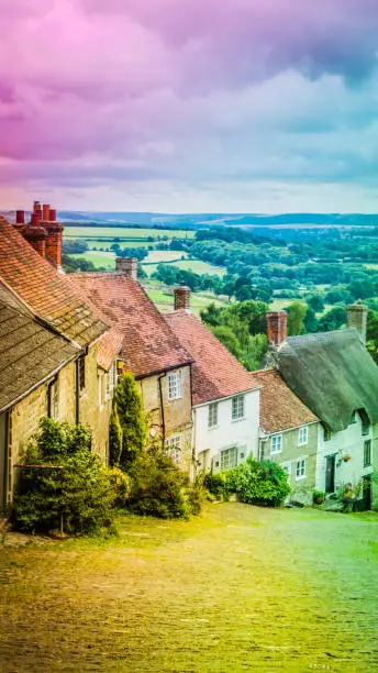 Rainbow, colorful old English limestone houses in vintage style with thatched roofs with green fields countryside in the background. Gold Hill houses on a cloudy day behind flowers in Shaftesbury, Dorset, UK. Photo with selective focus