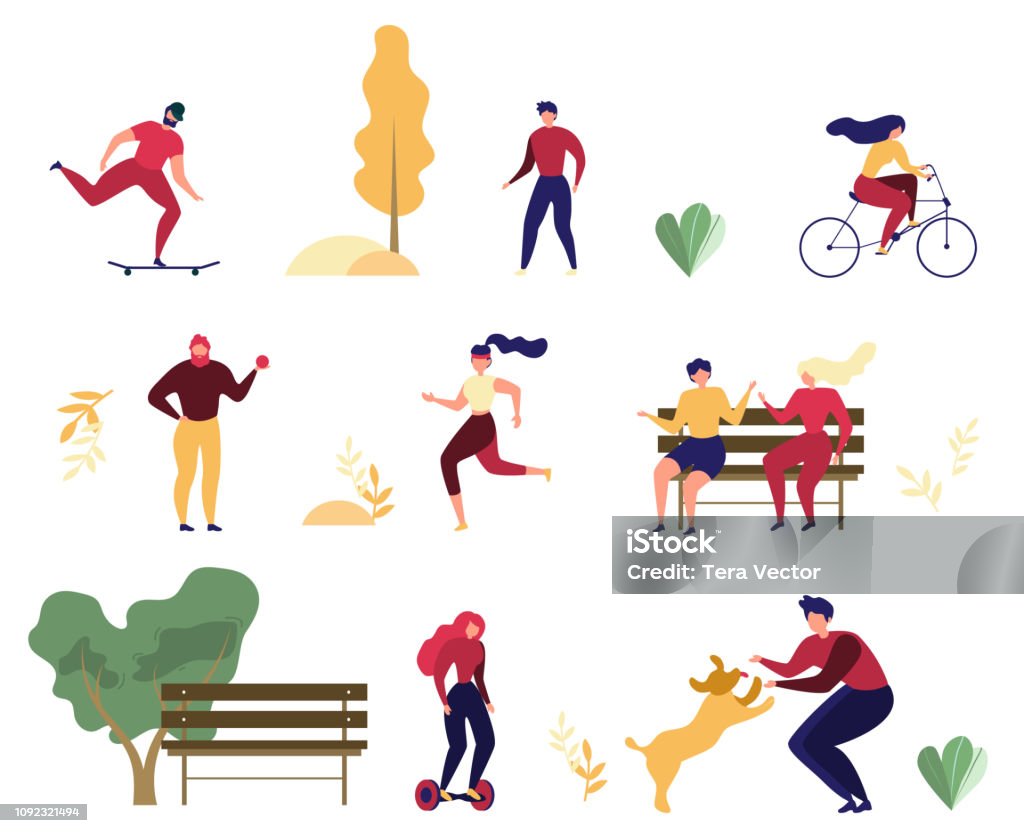 People Outdoor Activities in Park Flat Vector Set Modern People Outdoor Activity Flat Vector Set Isolated on White Background. Women and Men Riding Bicycle, Hoverbord and Skateboard, Playing with Dog, Meeting with Fiends on Bench in Park Illustration People stock vector