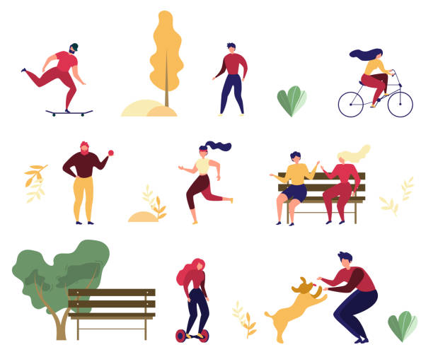 People Outdoor Activities in Park Flat Vector Set Modern People Outdoor Activity Flat Vector Set Isolated on White Background. Women and Men Riding Bicycle, Hoverbord and Skateboard, Playing with Dog, Meeting with Fiends on Bench in Park Illustration natural parkland illustrations stock illustrations