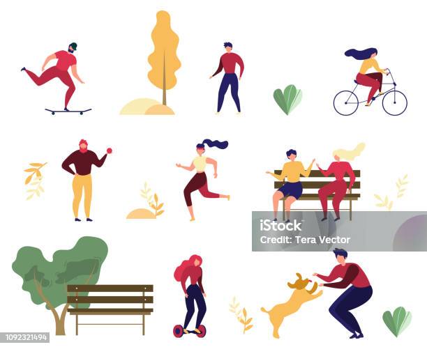 People Outdoor Activities In Park Flat Vector Set Stock Illustration - Download Image Now - People, Illustration, Icon Symbol