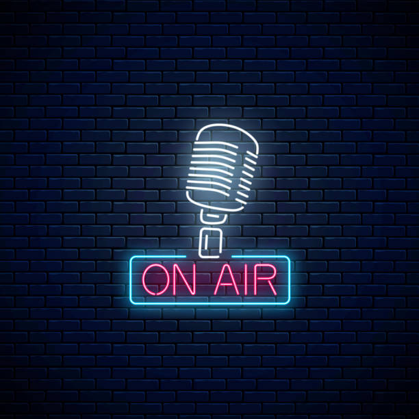 Neon on the air sign with retro microphone. Glowing signboard of radio station. Sound cafe icon. Neon on the air sign with retro microphone on dark brick wall background. Glowing signboard of radio station. Sound cafe icon. Music show poster. Vector illustration. radio borders stock illustrations